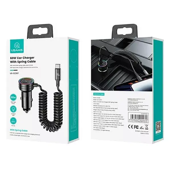 usams CC167 авто зарядное — 2×USB‑C + 1×USB‑A, 60W Photo 2