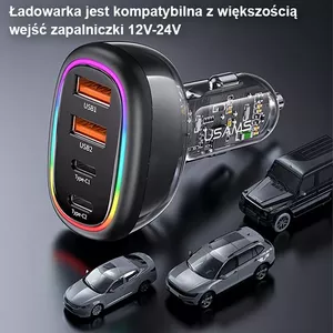 Auto lādētājs usams CC170 — 1× USB-C + 3× USB-A, kopējā jauda 48W, līdz 3A