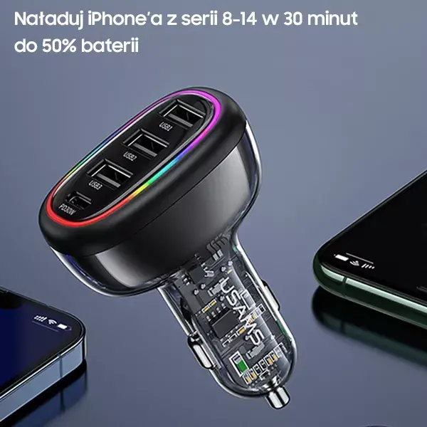 usams CC170 auto lādētājs — 1xUSB-C 3xUSB-A 48W Photo 7