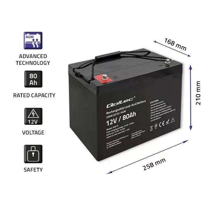 Qoltec 53075 AGM akumulators 12V 80Ah Photo 2