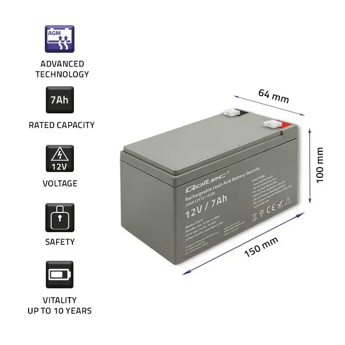 Battery QOLTEC Securit 12V 7Ah AGM Photo 2