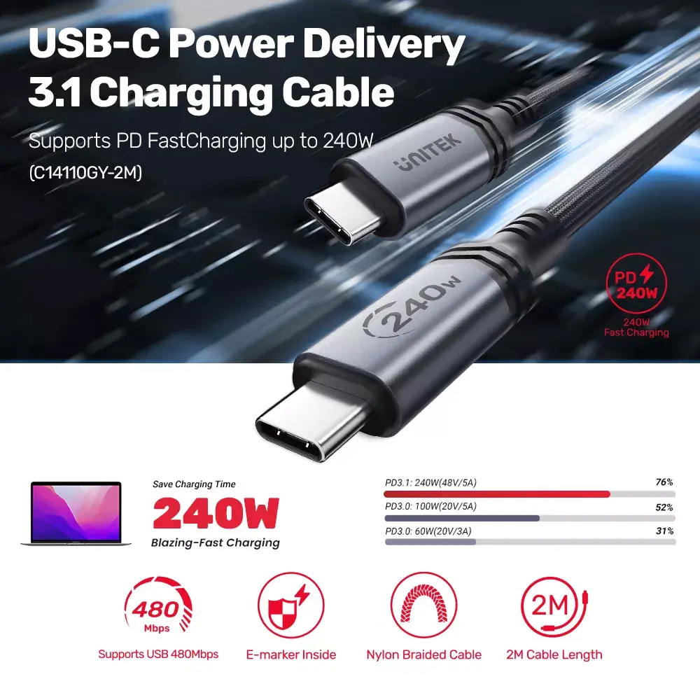 Unitek USB-C uz USB-C kabelis C14110GY-2M 2 m Photo 6