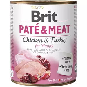 Влажный корм для щенков Brit Paté & Meat 800 г — полноценный консервированный корм, индейка и курица, без зерна, влажность 75%