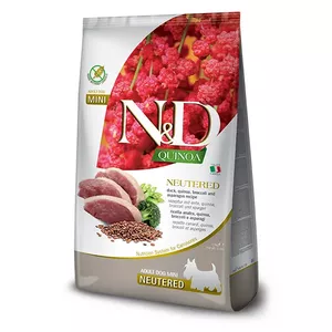 Sausais barības komplekts suņiem Farmina N&D Quinoa Adult Duck Grain Free Mini 2.5 kg — pieaugušiem mini šķirnes suņiem, olbaltumvielas 30%, tauki 11%