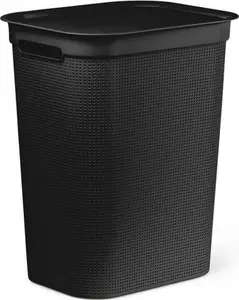 Laundry basket rotho Brisen 50 L ventilated plastic hamper with lid and hanger hole, black, 340×431×529 mm