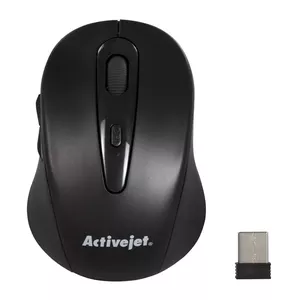 Bezvadu optiskā pele ActiveJet AMY-213, RF USB-A uztvērējs, 1600 DPI, ambidekstrāla, 6 pogas, melna