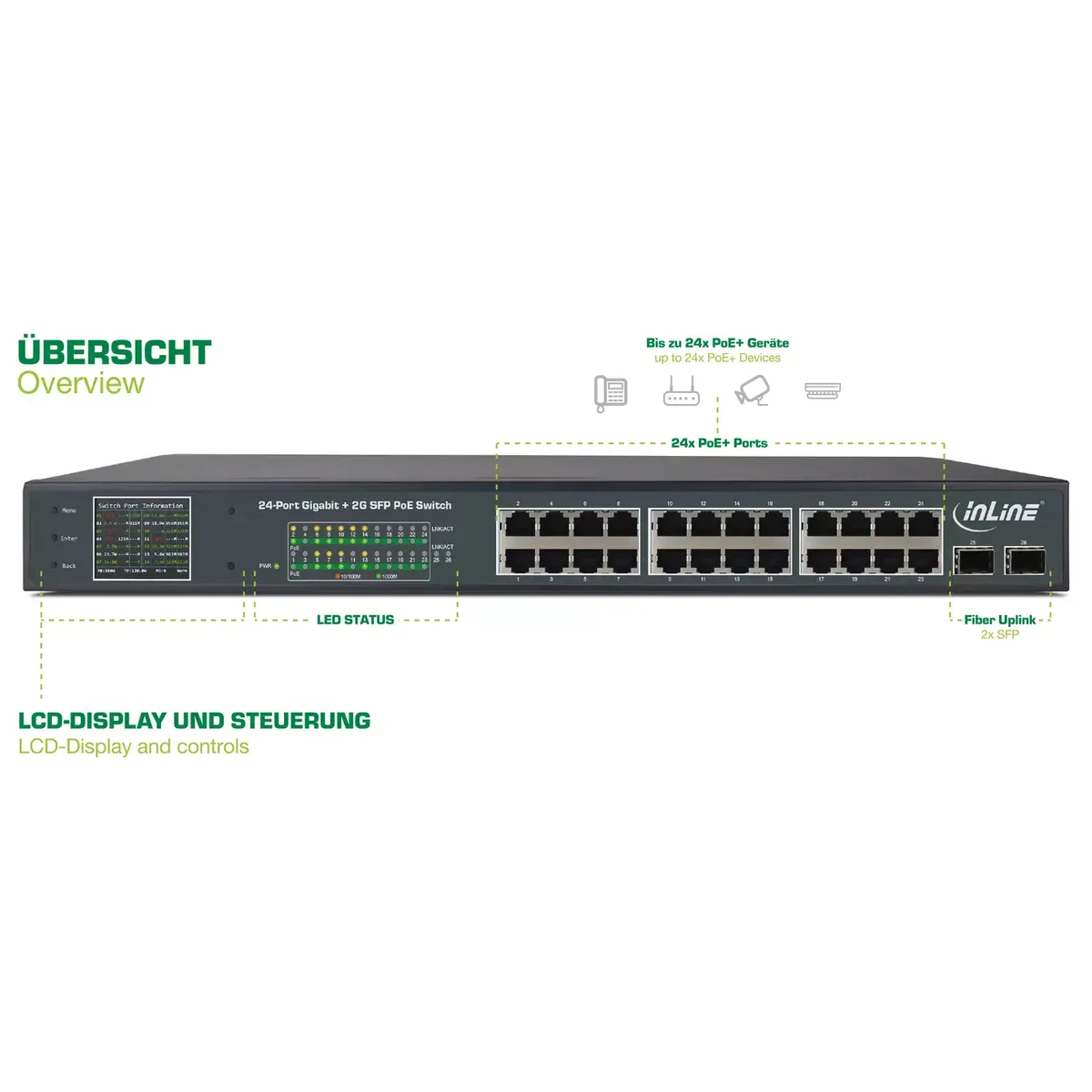 InLine PoE+ Gigabit Network Switch 24 port 1 Gb/s 2xSFP Photo 5