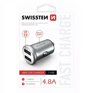 Car charger SWISSTEN PDPSW1219 — auto USB charger, universal compatibility, 2× USB 2.0, silver