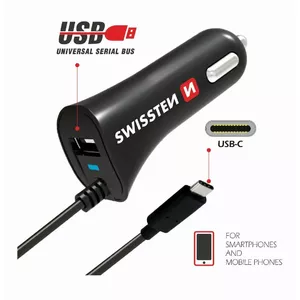 Car charger SWISSTEN Premium 12/24V 2.4A with non-detachable USB-C data cable 100 cm, Black