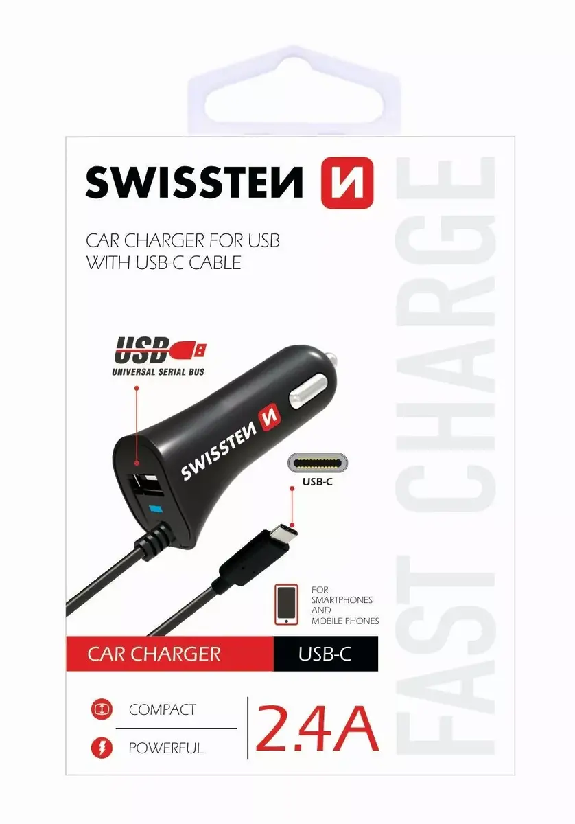 Car charger SWISSTEN Premium 12/24V 2.4A USB-C 100 cm Photo 2