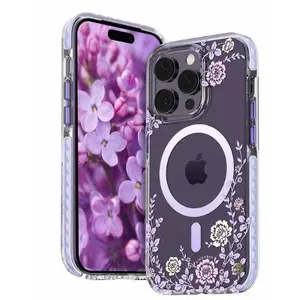 Vākš KINGXBAR iPhone 14 Pro MagSafe — ziedu raksts, violets
