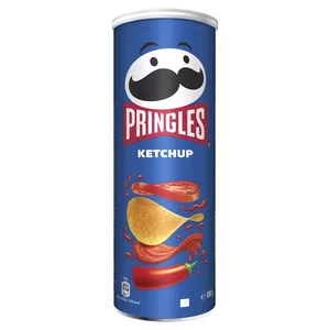 Kartupeļu čipsi Pringles Ketchup 165 g — kārtainie čipsi ar kečupa garšu