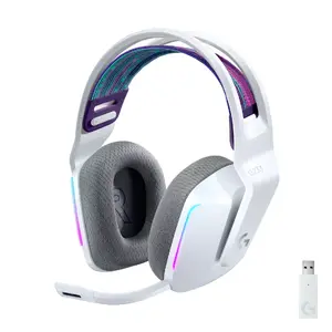 Bezvadu RGB spēļu austiņas Logitech G G733 LIGHTSPEED — apkausējošas, 20 m darbības rādiuss, 20–20 000 Hz, 278 g, baltas, ar galvas loku