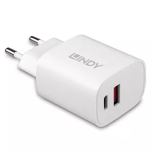 Indoor charger Lindy 73413 — universal AC 100–240V, output 12V 3A, USB-A + USB-C, white