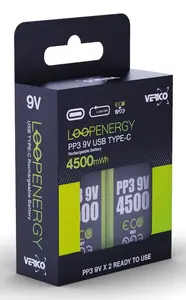 Uzlādējams 9V akumulators VERICO LoopEnergy PP3 4500 — Li‑Ion, 2 gab., 500 mAh, USB‑C uzlāde