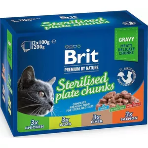 Wet cat food Brit Premium Cat Sterilised Plate 12x100 g — wet food for sterilised adult cats, fish & lamb, 12×100 g sachets