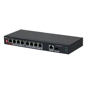 Nevadāms PoE komutators Dahua PFS3110-8ET1GT1GF-96 — 8× Gigabit (10/100/1000), PoE, 53 V DC, melns