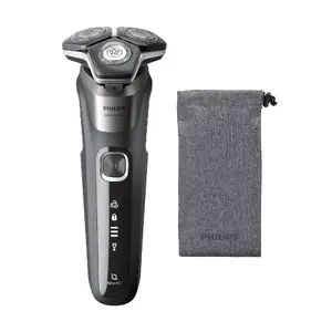 Philips SHAVER Series 5000 S5887/10 Wet and dry electric shaver with SteelPrecision blades, battery power, built-in trimmer, and soft pouch in grey