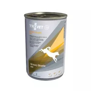 Veterinārais barības TROVET Urinary Struvite 400 g — konservēts suņu barības ar vistu un cūkgaļu, senioriem