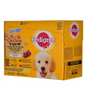 Влажный корм для щенков Pedigree Junior Selection Mix 12×100 г — 12 саше (100 г), влажность 80,5%, белок 8,5%, жир 6%