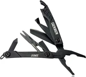 Мультитул Gerber Dime — компактный 10‑функциональный мультитул из нержавеющей стали с плоскогубцами, ножницами, ножом, пинцетом, 108 мм, 62 г