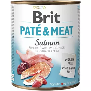 Консервы для собак Brit Paté & Meat с лососем 800 г – полноценный влажный корм для взрослых, вкус курица, беззерновой, влажность 75%
