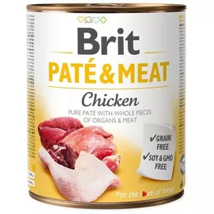 Mitra suņu barība Brit Paté & Meat ar vistu 800 g — pilnvērtīga konservēta diēta pieaugušiem suņiem, mitrums 75%, olbaltumvielas 11%, tauki 9%