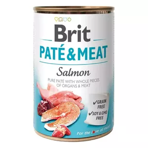 Влажный корм для собак Brit Paté & Meat с лососем 400 г — полноценный консервированный рацион для взрослых, 75% влаги, 11% белка, 9% жира
