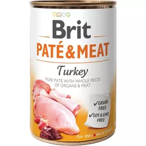 Влажный корм для собак Brit Paté & Meat с индейкой 400 г — полнорационный консервированный корм для взрослых собак, без зерна, влажность 75%