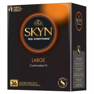 Condoms SKYN Large 36 pcs — polyisoprene (Skynfeel), 180 mm length, 56 mm nominal width, 0.065–0.080 mm wall