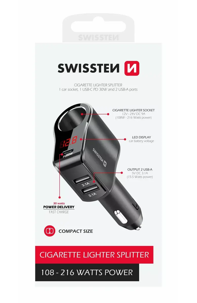 Автозарядка SWISSTEN 20114020 — 1× USB‑C PD, 2× USB‑A Photo 4