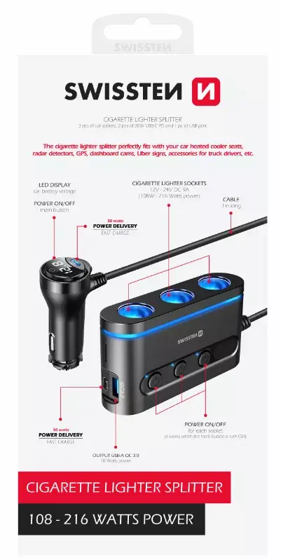 Авто зарядка SWISSTEN 20114010 — 2× USB‑C PD, 1× USB‑A QC3.0 Photo 4
