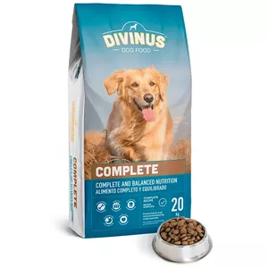 Sausais barības maisījums suņiem DIVINUS Complete Adult 20 kg — Vistas garša, Olbaltumvielas 24%, Tauki 12%, Pelni 10%