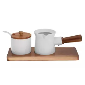Cukura trauku un pienainīšu komplekts Kassel porcelāns ar akācijas koka vāciņiem
