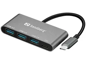 Sandberg USB-C to 3xUSB 3.0 Hub + PD с интерфейсом USB-C, 3 портами Type-A, скоростью передачи данных 5000 Мбит/с, в алюминиевом и белом корпусе