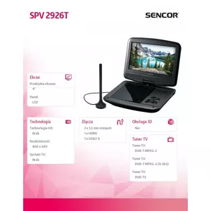 Sencor SPV 7926T portatīvais DVD pleijers Portatīvais DVD atskaņotājs Saliekams 22,9 cm (9") 800 x 480 pikseļi Melns