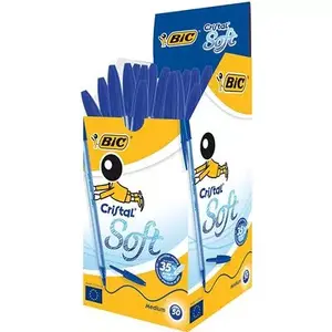 Шариковая ручка-стик BIC Cristal Soft, средний наконечник, синий цвет чернил, прозрачный корпус, упаковка 50 шт.