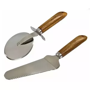 Набор для сервировки пиццы - лопатка и нож, деревянная ручка из нержавеющей стали, размеры 23 см, 27 см