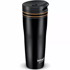 Ceļojumu termokrūze LAMART LT4051, nerūsējošā tērauda 360 ml, melna ar oranžiem akcentiem