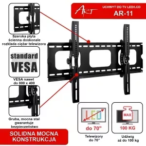 Sienas stiprinājums ART RAMT AR-11 televizoriem, slīpums -12–0°, der 42"–70", VESA 200x200–800x400, max 100 kg, melns, metāls