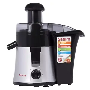 Centrifūgas sulu spiede Saturn ST-FP8052 ar 350 W jaudu, 18000 RPM griešanās ātrumu, 2 ātrumiem, sulas un biezumu tvertni melnā un sudraba krāsā