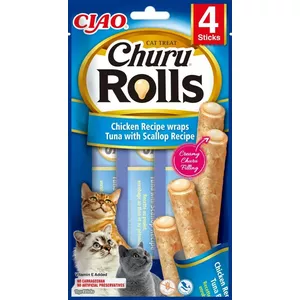 Kaķu kārumi INABA Churu Rolls — vistas ruletītes ar tunzivi un gliemežvāku, 4×10 g paciņas, olbaltumvielas 28%, mitrums 63%