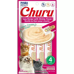 Mitras kaķu uzkodas INABA Churu tuncis ar garnelēm 4 x 14 g, pasta, 91% mitruma