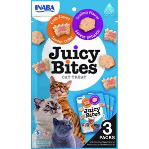Mitras kaķu uzkodas INABA Juicy Bites Krabis un Kammens 3×11,3 g multipak, bez graudiem, mitrums 66%