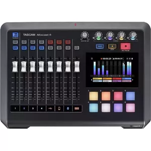 Audio mikseris Tascam Mixcast 4 — 4 kanālu podkāstu mikseris ar skārienekrānu, 4 XLR/TRS kombi ieejas, SDXC, Bluetooth, 48 kHz/24 bit