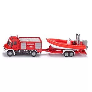 Siku Unimog ugunsdzēsēju automašīna ar laivu S-1636, metāla modelis ar noņemamu laivu