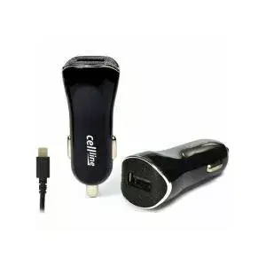 Car charger Cellline with 1x USB port and built-in Lightning cable for iPhone 5/5S/6/6S/6 Plus/6S Plus/7/7 Plus — black
