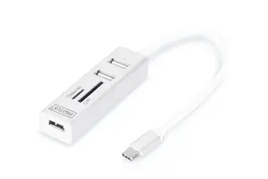 Digitus USB Type-C OTG 3-Port HUB and Card Reader white with USB 2.0 interface and support for SD and MicroSD memory cards