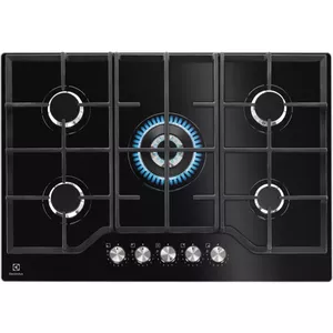 Встраиваемая газовая варочная поверхность Electrolux KGG75362K, 5 газовых конфорок, ширина 74 см, поворотное управление, чёрное закалённое стекло