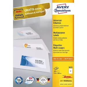 Pašlīmējoša etiķete Avery 3655 Taisnstūra Pastāvīga Balta